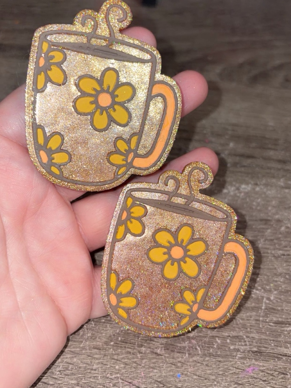 (2) Glittery Floral Mug Car Vent Clips- Yellow & Orange